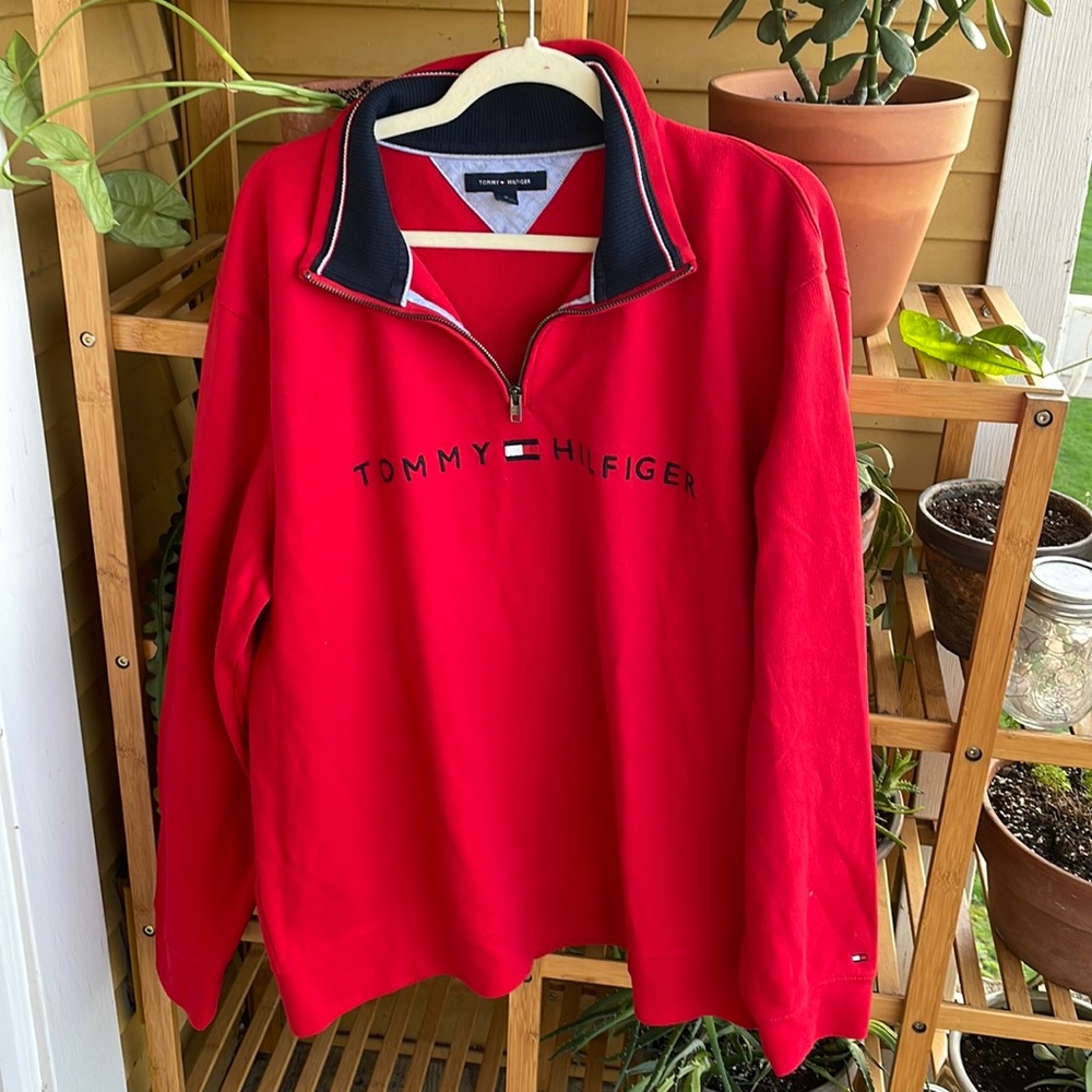 🧥 Tommy Hilfiger Red 1/4 Zip Pullover XL Spellout Logo Preppy